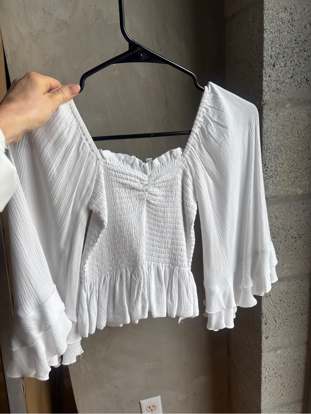 Olivaceous White Smocked Peasant Top with Ruffled Bell Sleeves